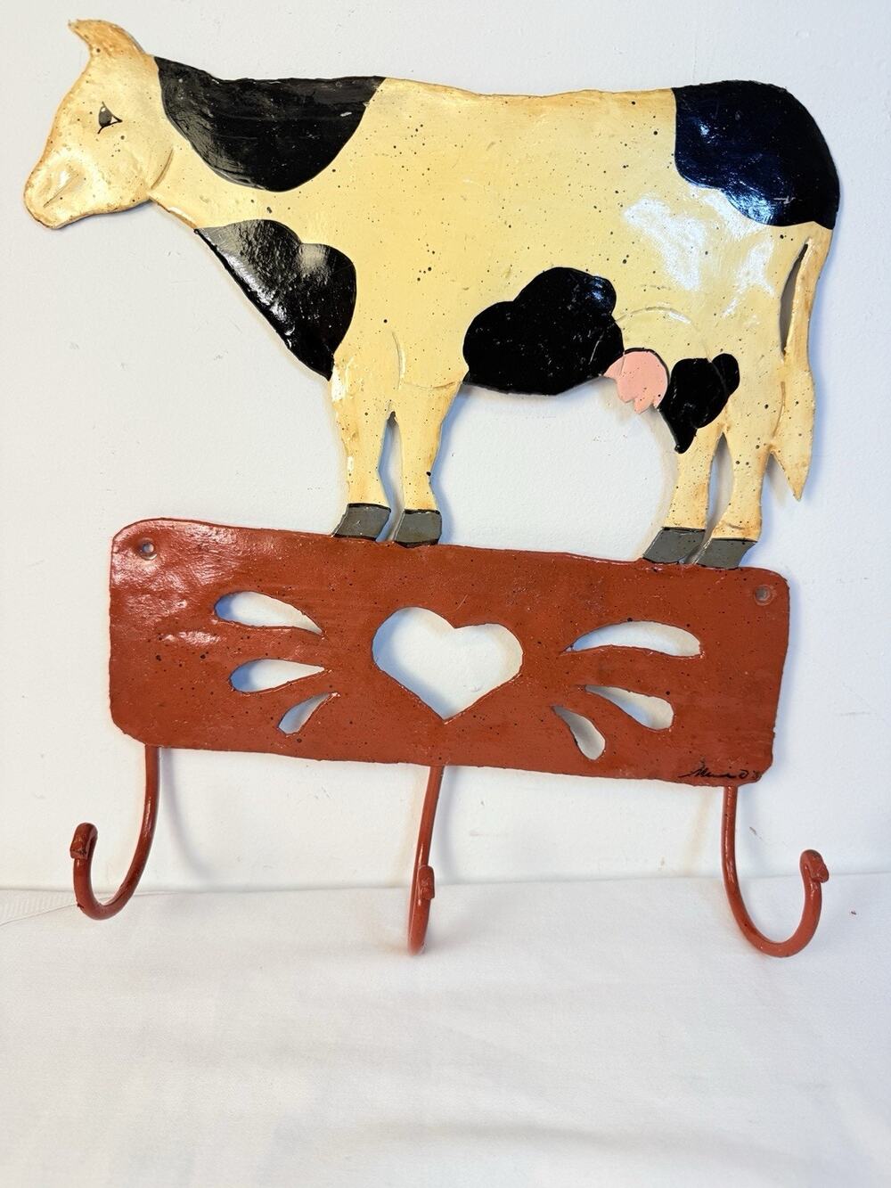 Hand painted Folk Art Holstein Cow Metal Wall Hook Farmhouse Country Decor 08’